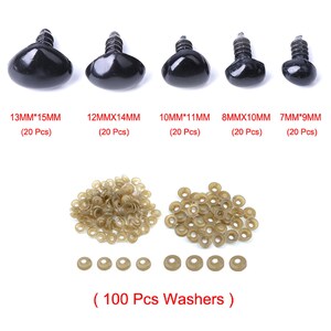 May include: Assortment of black plastic safety eyes in various sizes, ranging from 7mm to 13mm, with corresponding washers. Each size comes in a pack of 20, with a total of 100 washers included.