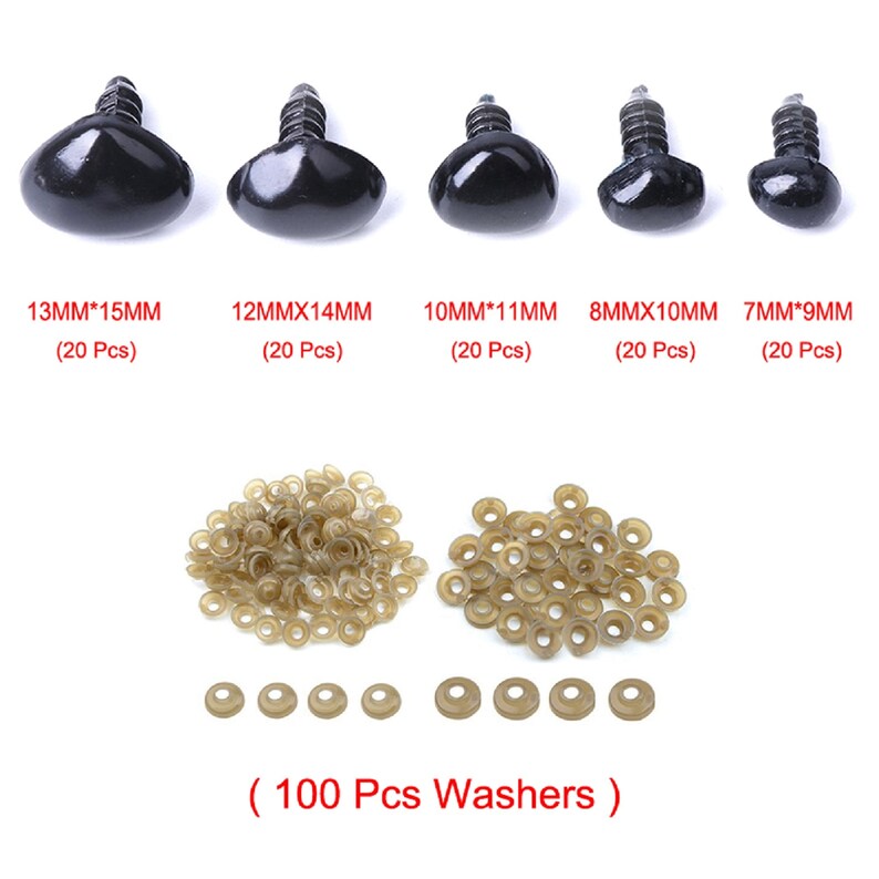 May include: Assortment of black plastic safety eyes in various sizes, ranging from 7mm to 13mm, with corresponding washers. Each size comes in a pack of 20, with a total of 100 washers included.