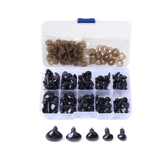 Black Safety Noses 100 Pack Plastic Ellipse with 100 Washers for Craft Doll Felting Kit Dolls Decys Sewing 5 Sizes (15/14/11/10/9MM)