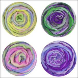 May include: Four balls of colorful wool yarn, each with a different color combination. The yarn is arranged in a spiral pattern, creating a visually appealing and textured effect. The colors include shades of green, purple, pink, and yellow.