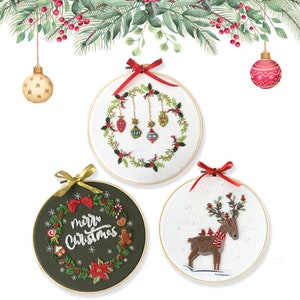 Christmas Embroidery Kit with Pattern, Embroidery Hoop, Color Threads Tools Kit English Instruction for Beginners 8in/20cm 3 Kit with 1 Hoop -C