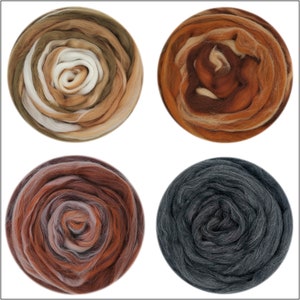 May include: Four balls of wool yarn in different colors. The yarn is arranged in a spiral pattern. The colors are brown, orange, white, and gray.