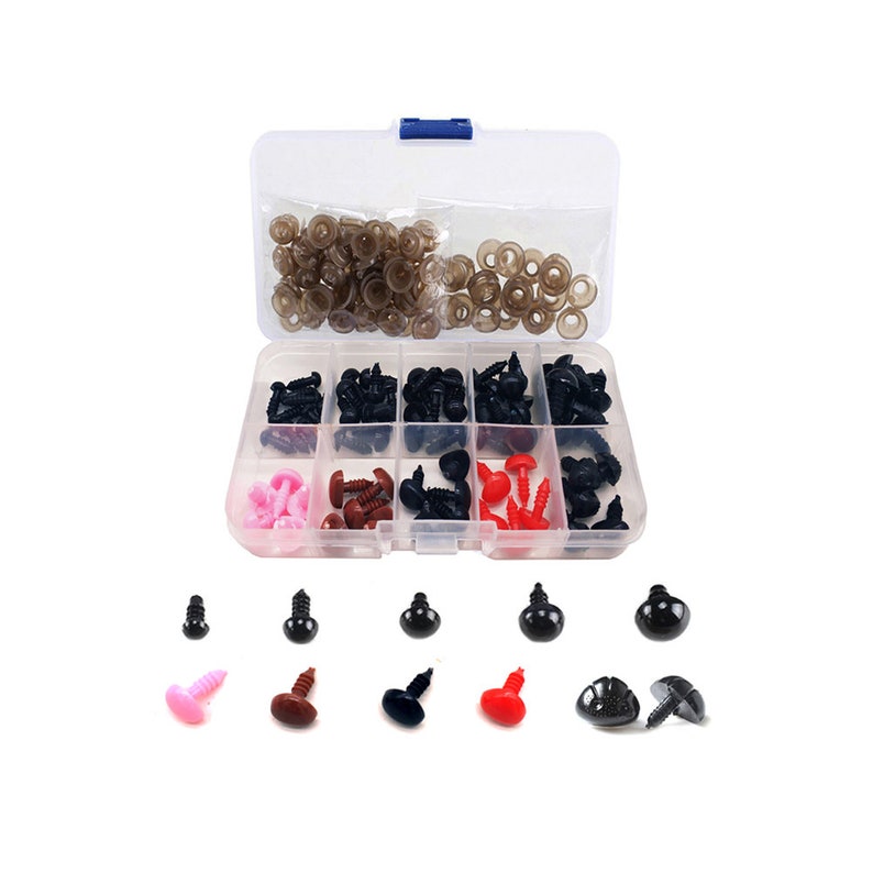 May include: A clear plastic storage box filled with assorted plastic safety eyes for crafts. The box has 16 compartments and contains a variety of sizes and colors of eyes, including black, brown, red, and pink.