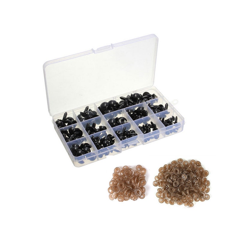 300pcs Including 150pcs Plastic Black Safety Eyes, 150 pcs Disk for Dolls Decys Sewing Packaged by Grid Box 6/8/9/10/12mm image 1
