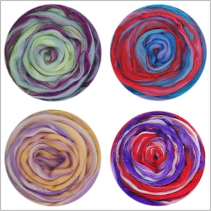 May include: Four circular rovings of wool yarn in different color combinations. The rovings are arranged in a grid pattern. The rovings are all made of a blend of wool fibers. The colors of the rovings are: purple, green, blue, and red.