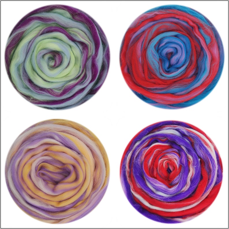 May include: Four circular rovings of wool yarn in different color combinations. The rovings are arranged in a grid pattern. The rovings are all made of a blend of wool fibers. The colors of the rovings are: purple, green, blue, and red.