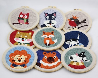 Animal Punch Needle Kit Craft Present for Beginner Diameter 8 inch Include Everything to Make