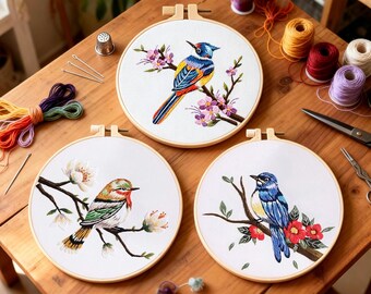 3 Pack Bird Embroidery Kit, Nature DIY Craft Set with Hoop, Threads, Needles