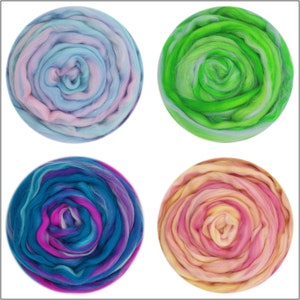May include: Four balls of colorful wool yarn, each with a different color combination. The balls are arranged in a square pattern, with the top left ball being blue and pink, the top right ball being green and white, the bottom left ball being purple and blue, and the bottom right ball being pink and yellow.