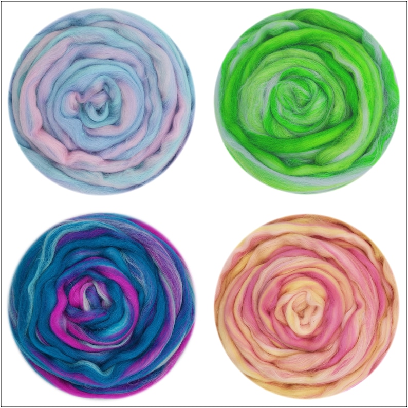 May include: Four balls of colorful wool yarn, each with a different color combination. The balls are arranged in a square pattern, with the top left ball being blue and pink, the top right ball being green and white, the bottom left ball being purple and blue, and the bottom right ball being pink and yellow.