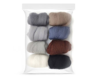 May include: A clear plastic bag filled with eight skeins of wool roving in various colors, including gray, brown, blue, white, and black.