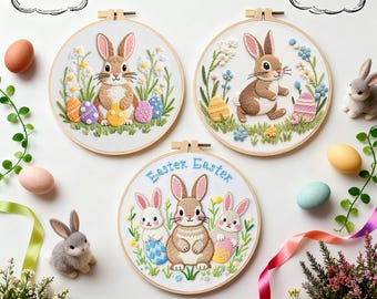 Easter Bunny Embroidery Kits with Hoop, Color Threads, Needles, Instruction, Full DIY Materials for Beginners