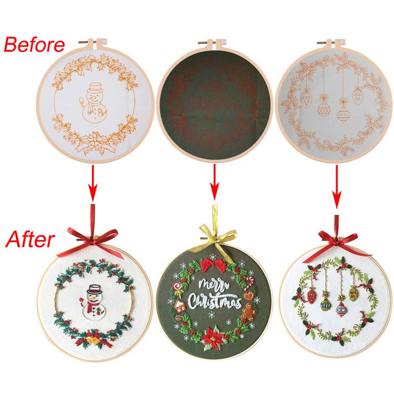 Christmas Embroidery Kit with Pattern, Embroidery Hoop, Color Threads Tools Kit English Instruction for Beginners 8in/20cm image 6