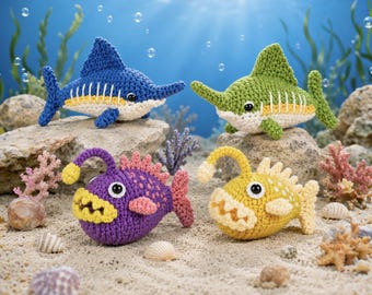 Anglerfish and Sailfish Fish Crochet Kit for Beginners, DIY Handmade Plush Animal Craft Set Home Activity Gift Set