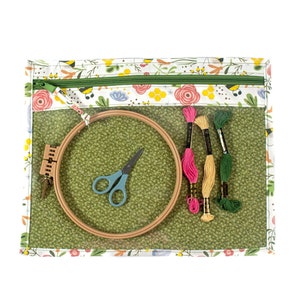 Bees and Flowers Vinyl Project Bag, Cross Stitch WIP Storage, White and Green Project Pouch