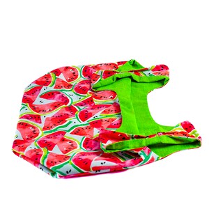 May include: A reusable shopping bag made of fabric with a watermelon print. The bag is folded and has a green lining.