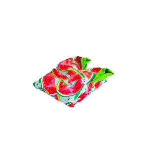 May include: A folded fabric bag with a watermelon print. The bag is green and white with red watermelon slices.
