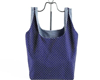 Blue and White Polka Dot Reusable Grocery Bag, Ecofriendly Shopping Tote
