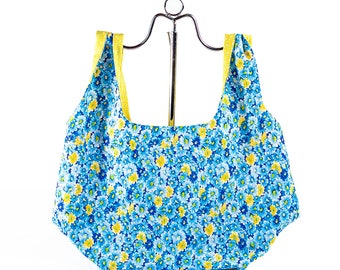Blue and Yellow Floral Reusable Grocery Bag, Ecofriendly Shopping Tote