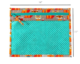 Foxes Vinyl Project Bag, Cross Stitch WIP Storage, Orange and Turquoise Project Pouch
