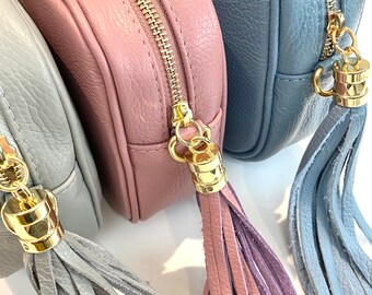 The 'Stella' Leather Crossbody Camera Bag with Tassel - Pastel Pink/Blue/Grey