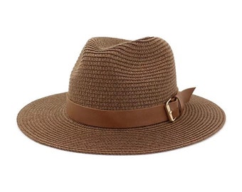 Fedora Summer Beach Hat with PU Leather Buckle Trim - Brown