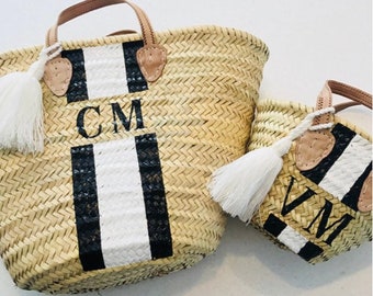 Mummy & Daughter Straw Baskets | Personalised Beach Bags | Monogrammed Beach Baskets with Initials m. Hand Painted