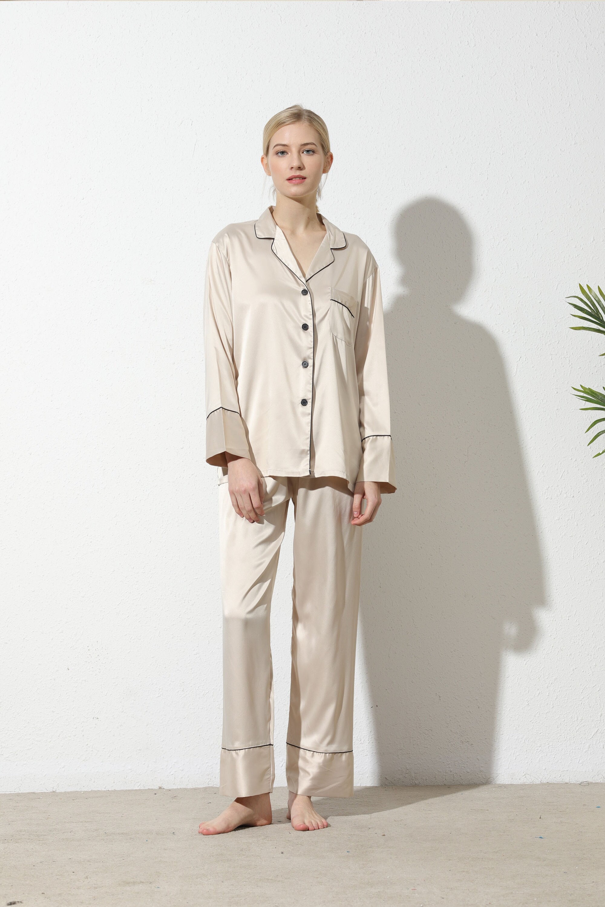 Satin Long Pyjamas Set VICTORIA Champagne Personalised Pj s Hen