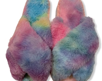 Fluffy Faux Fur Mule Slippers - Regenboog / Tie Dye Effect Faux Fur