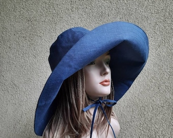 Navy Blue Linen Sun Hat Panama, Dark Blue Summer Hat  display picture 1