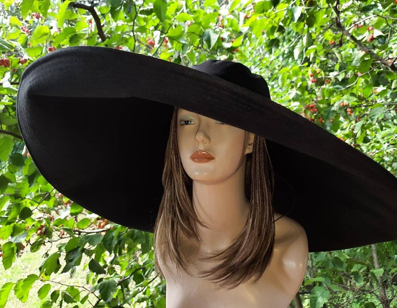 Extra large brim sun hat, women's Sun hat, wide brim summer hat, linen sun hat, linen hat with extra wide brim, black sun protection hat image 1