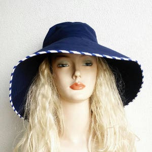 Women&#39;s navy Blue cotton sun hat with wide brim , cotton summer hat,  beach hat panama,  large brim sun protection hat panama
