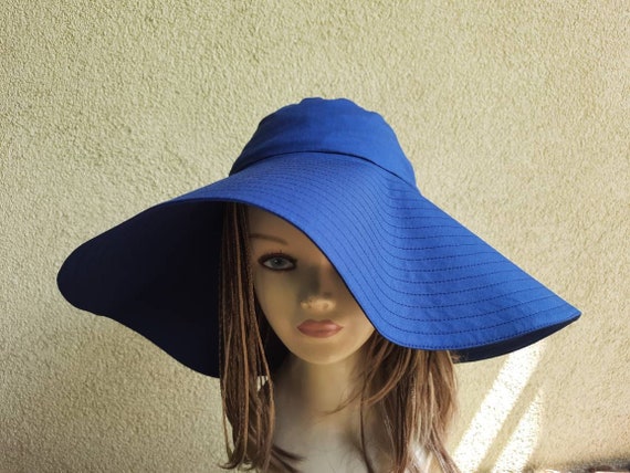 Women's Navy Blue Cotton Sun Protection Hat, Women Style Hat with Wide Brim, Large Brim Summer Hat