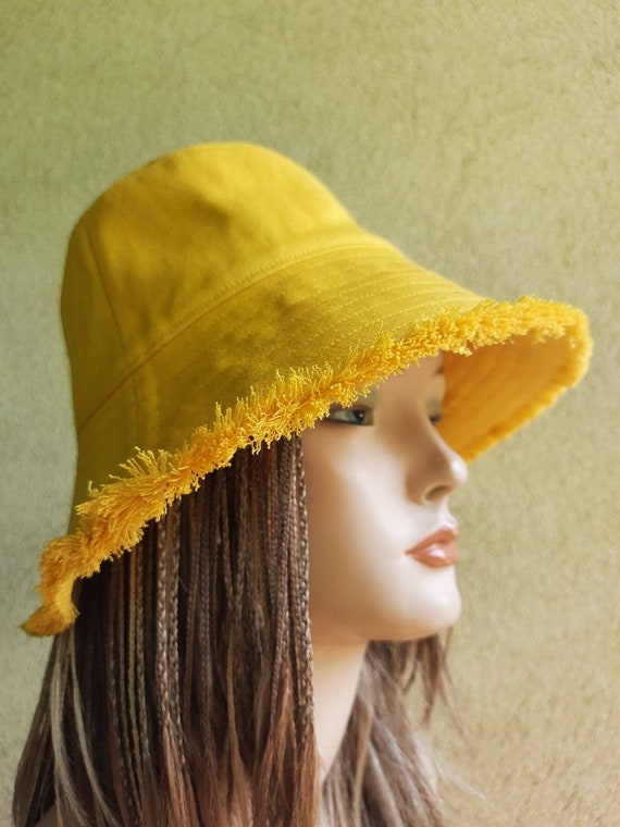 Women's Yellow Denim Bucket Sun Hat, Fashion Travel Hat, Women's Bucket Sun  Protection Hat, Denim Bucket Hat With a Disheveled Edge, Fringe 