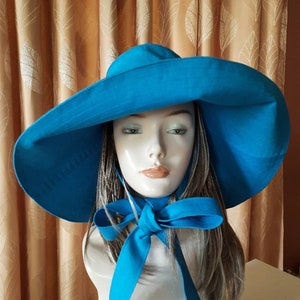 Women's turquoise linen sun hat Panama, blue hat with wide brim, women sun hat with wide brim and drawstring,bright turquoise linen buck hat image 3