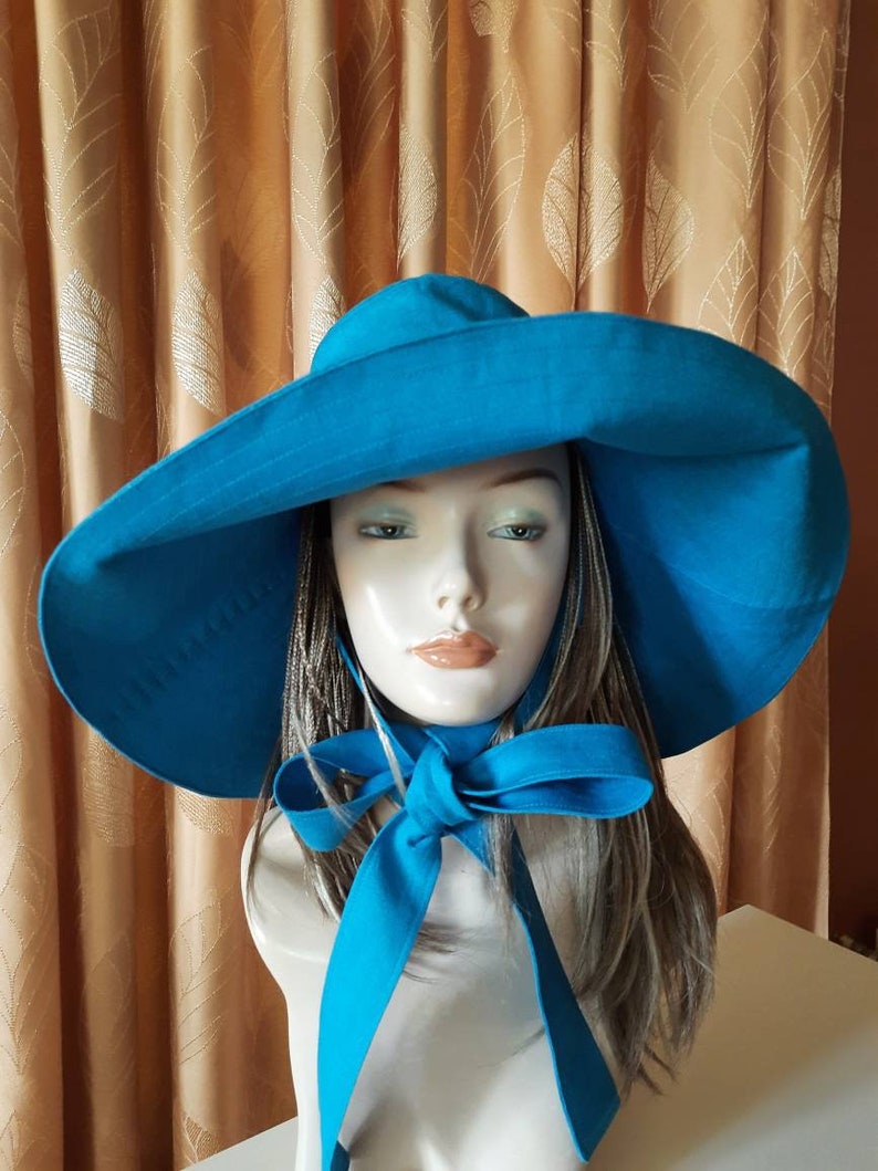 Women's turquoise linen sun hat Panama, blue hat with wide brim, women sun hat with wide brim and drawstring,bright turquoise linen buck hat image 3