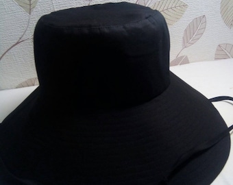 Black sun hat, black cotton sun hat with wide brim, drawstring  hat,  hat from cotton fabric with ties,  summer hat Panama