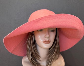 Coral Pink Linen Sun Hat with Wide Brim – Women’s Summer Beach Hat – 100% Linen – Elegant Eco Style Hat