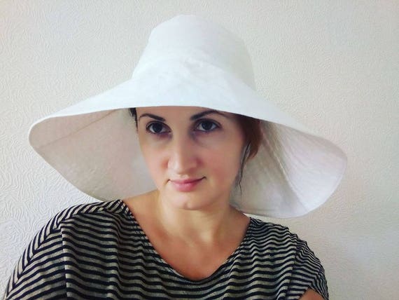White Linen Sun Hat Panama Travel Hat, Summer Wide Brim Sun Hat
