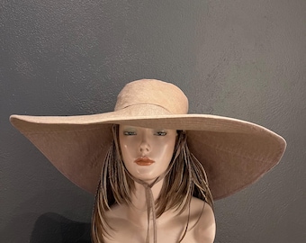 Extra extra wide brim women's cream caramel sun hat, natural linen  sun hat with extra large brim, sun protection hat,  ties