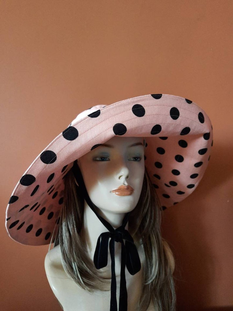 Polka dot sun hat Panama, cream-beige summer hat, wide brim and strings summer hat, sun protection beach wear romantic style sun hat Panama image 7