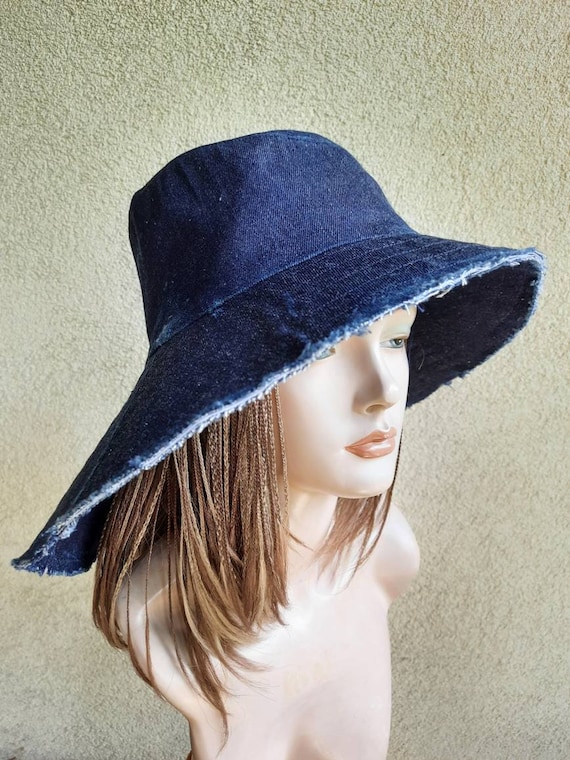 Denim Sun hat with a cut edge and asymmetrical brim, women's hats, denim hats