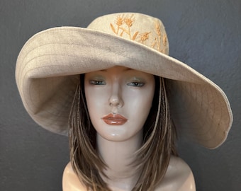 Cottagecore Linen Hat with Hand Embroidered Wheat, Natural Linen Sun Hat, wide brim hat