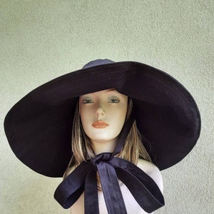 Women's black cotton sun protection hat, women' sun hat with wide brim and ties, extra big brim black sun hat, large brim cotton fabric hat
