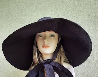 Women's black cotton sun protection hat, women' sun hat with wide brim and ties, extra big brim black sun hat, large brim cotton fabric hat