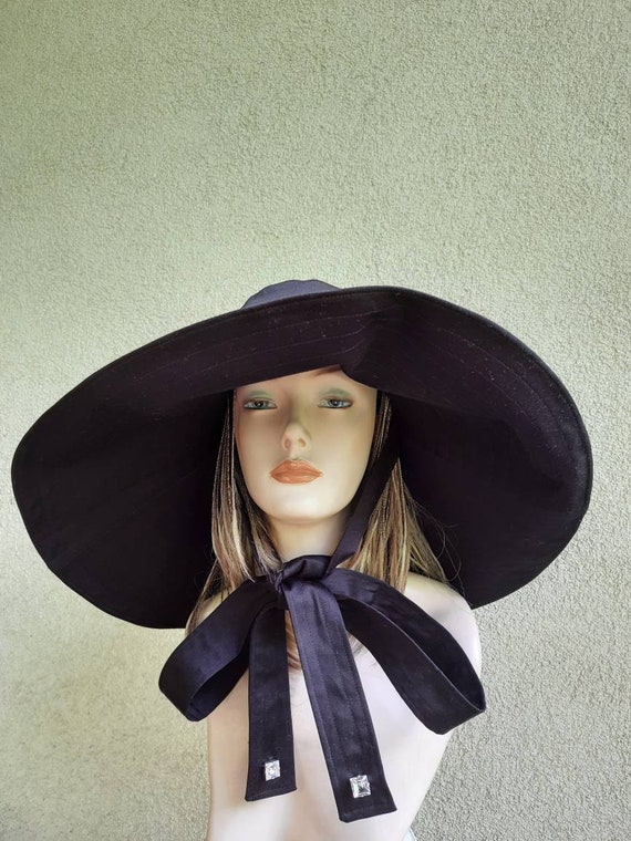 Women's Black Cotton Sun Protection Hat, Women' Sun Hat With Wide Brim and  Ties, Extra Big Brim Black Sun Hat, Large Brim Cotton Fabric Hat -   Canada