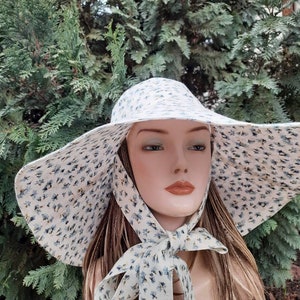 Women linen summer sun hat Panama, white linen on blue small flowers sun hat, women sun hat with wide brim and drawstring image 7