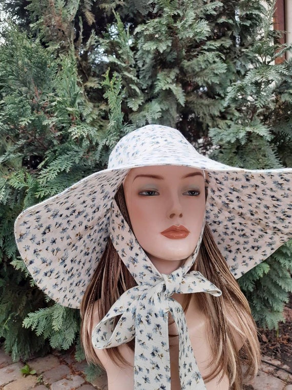 Women Linen Summer Sun Hat Panama, White Linen on Blue Small Flowers Sun Hat,  Women Sun Hat With Wide Brim and Drawstring -  Denmark