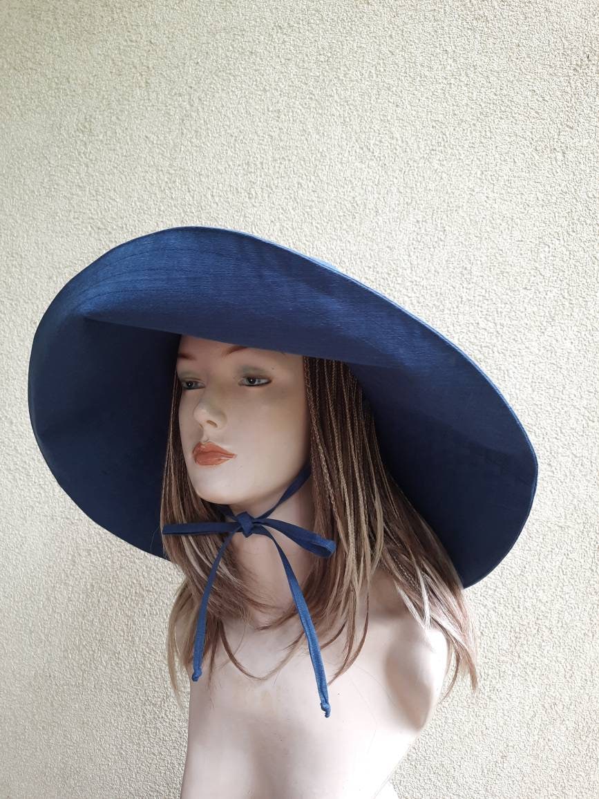 Navy Blue Linen Sun Hat Panama, Dark Blue Summer Hat  display picture 3