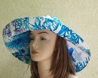 Women's cotton sun protection hat with wide brim, Great Barrier reef print hat, large brim cotton hat for beach,turquoise cotton fabric hats